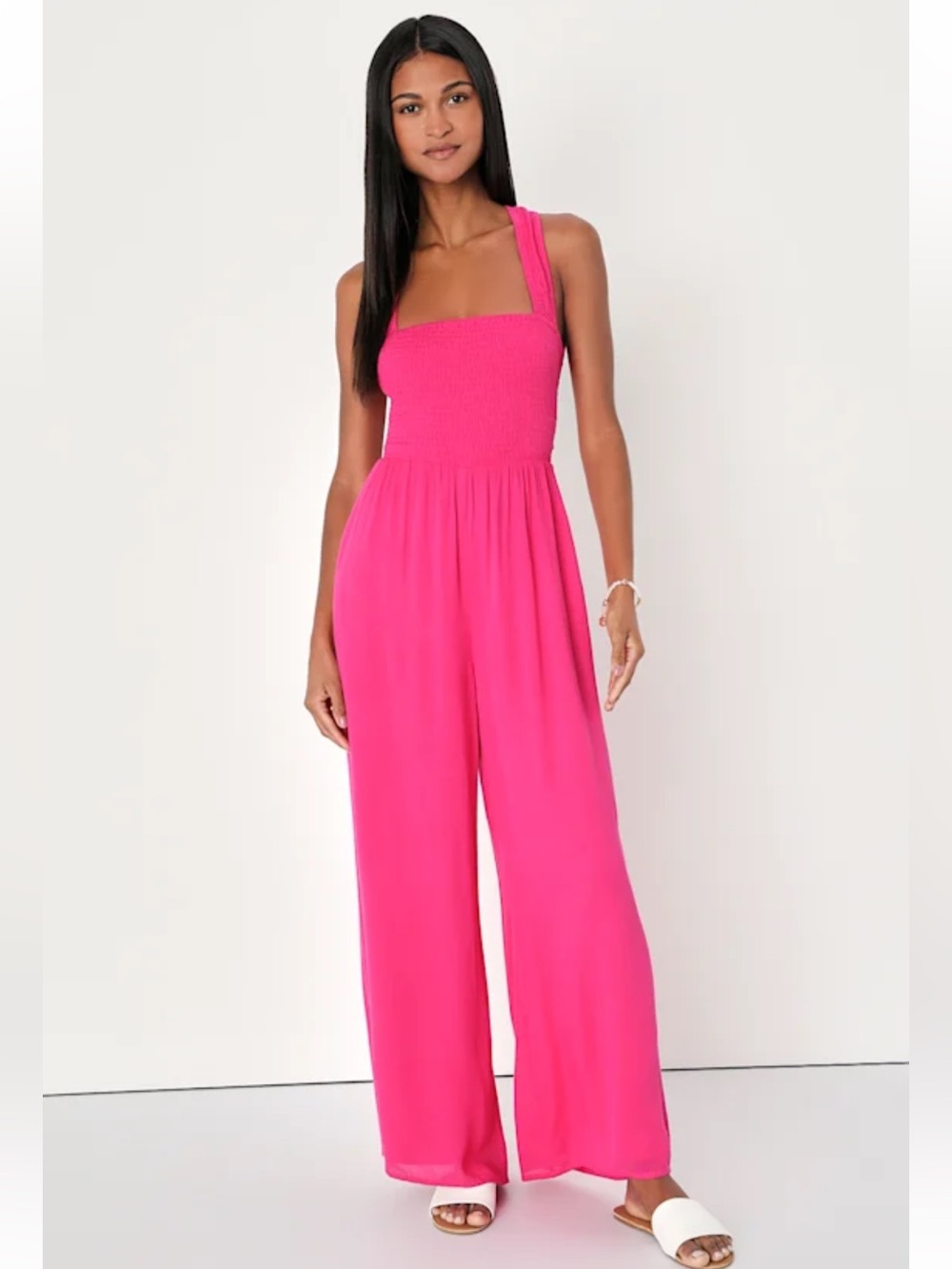 Lulus Trendy Aesthetic Hot Pink Smocked Tie-Back Wide Leg Jumpsuit – Size Medium